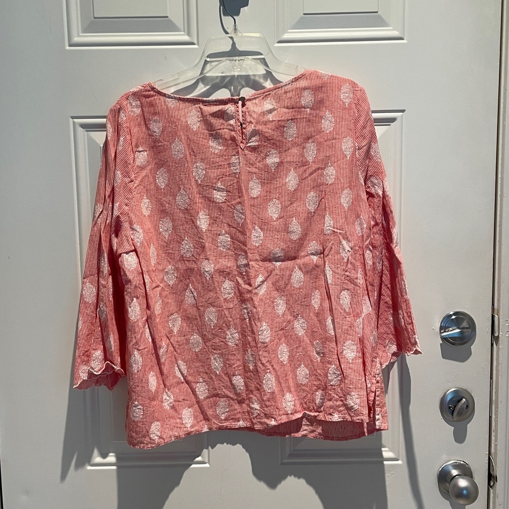 Liz Claiborne Linen Filigree Long Sleeve Striped Top Size Large Red White - Picture 7 of 7
